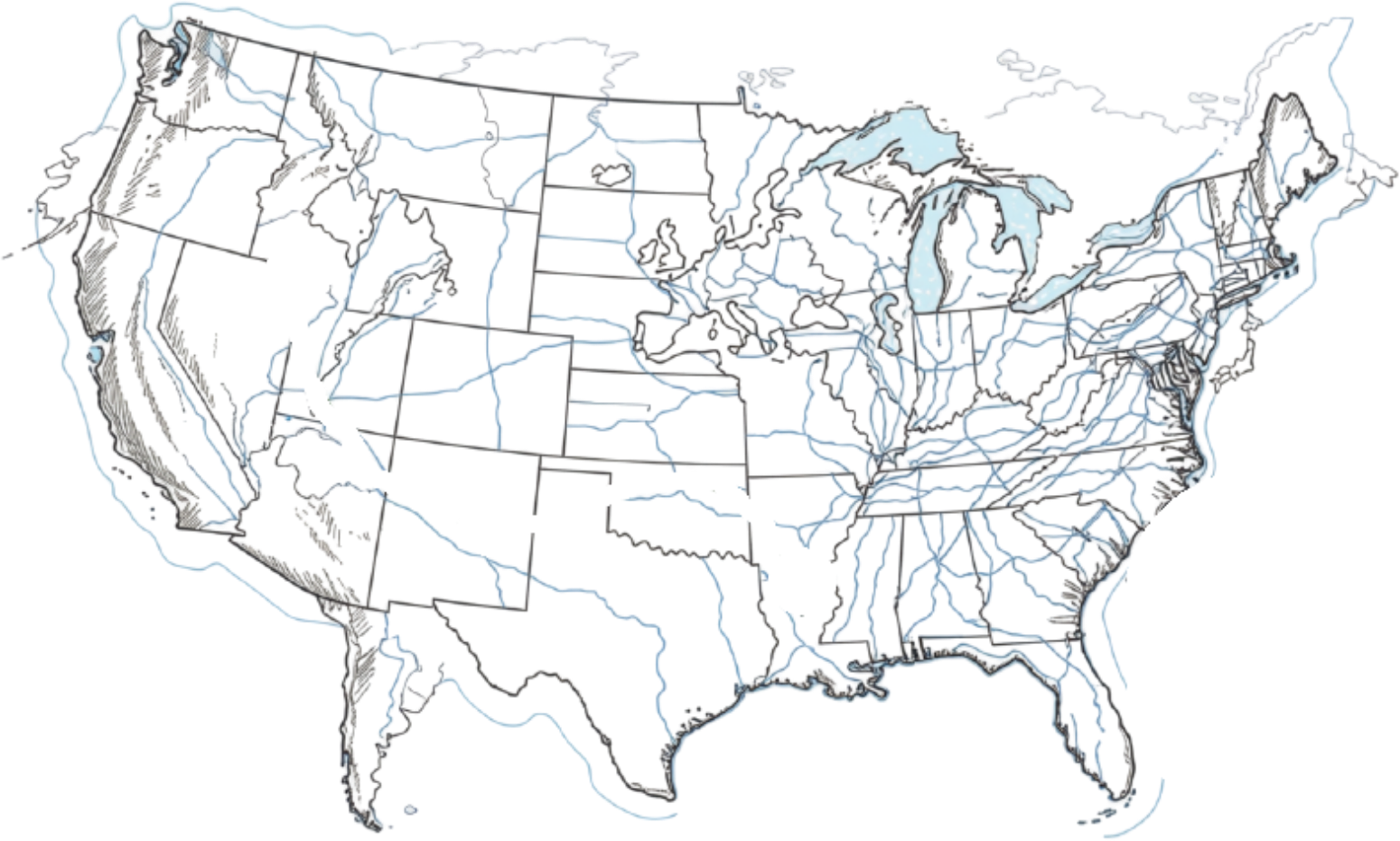 A hand-drawn map of the United States.