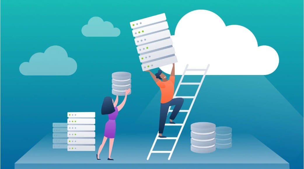 An illustration of two people carrying servers and database stacks up a ladder into a cloud, representing a cloud migration.